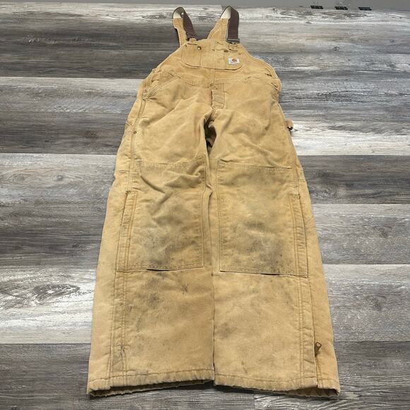Carhartt Bib Overalls Tan Mens 36x28 Cotton Duck Canvas Insulated Quilt Lined‎ - Picture 1 of 15